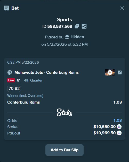 Bet slip: Manawatu Jets - Canterbury Rams, $8,983.07 stake at 1.03 odds, placed by Hidden
