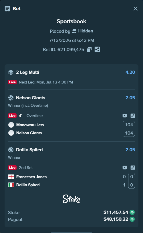 Bet slip: Manawatu Jets - Nelson Giants, $11,469.00 stake at 2.05 odds, placed by Hidden