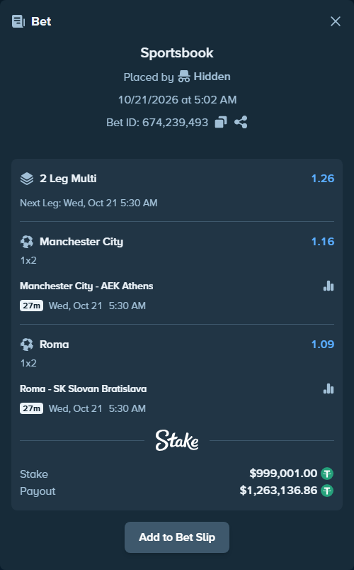 Bet slip: Manchester City - AEK Athens, $1,000,000.00 stake at 1.16 odds, placed by Hidden