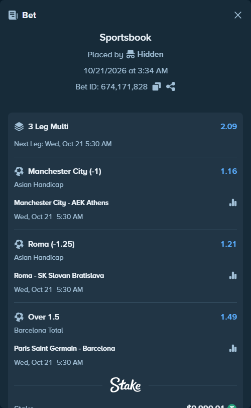 Bet slip: Manchester City - AEK Athens, $10,000.00 stake at 1.16 odds, placed by Ncs00
