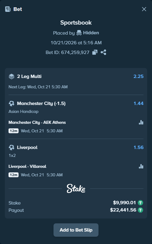 Bet slip: Manchester City - AEK Athens, $10,000.00 stake at 1.44 odds, placed by Agus1033