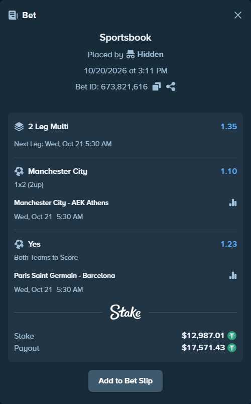 Bet slip: Manchester City - AEK Athens, $13,000.00 stake at 1.10 odds, placed by SebastianMR