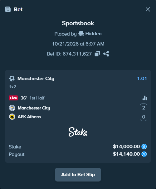 Bet slip: Manchester City - AEK Athens, $14,000.00 stake at 1.01 odds, placed by idastrom1