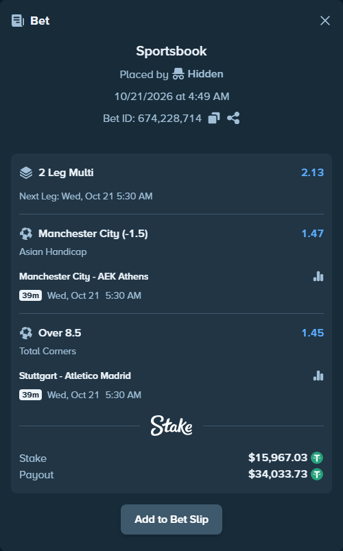 Bet slip: Manchester City - AEK Athens, $15,983.00 stake at 1.47 odds, placed by Agus1033