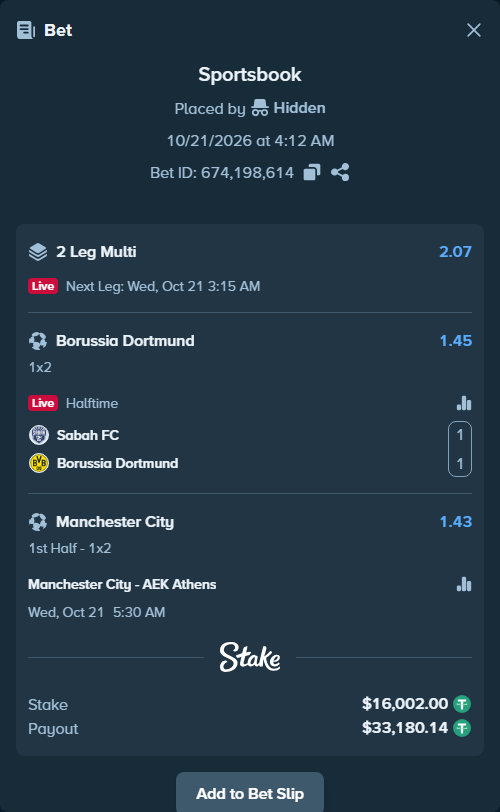 Bet slip: Manchester City - AEK Athens, $16,018.00 stake at 1.43 odds, placed by ArdianHertica