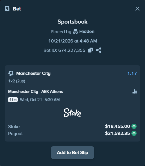 Bet slip: Manchester City - AEK Athens, $18,473.45 stake at 1.17 odds, placed by Jakeleik