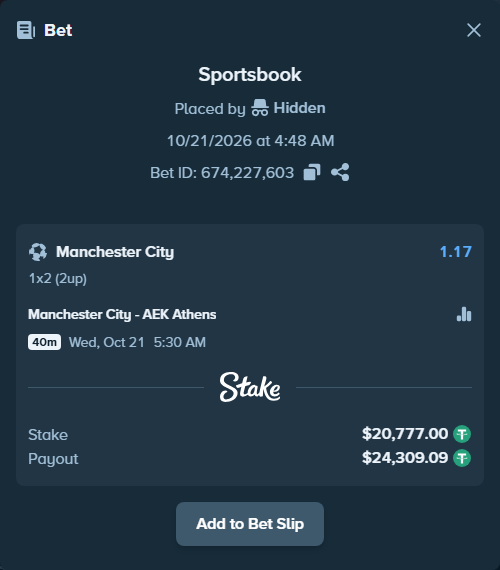 Bet slip: Manchester City - AEK Athens, $20,797.78 stake at 1.17 odds, placed by erlendw00