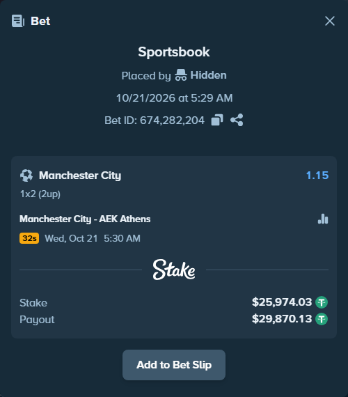 Bet slip: Manchester City - AEK Athens, $26,000.00 stake at 1.15 odds, placed by Oen1