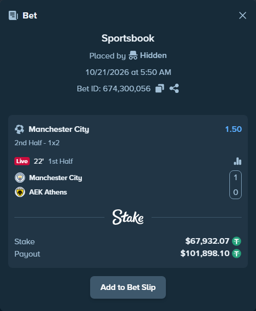 Bet slip: Manchester City - AEK Athens, $68,000.00 stake at 1.50 odds, placed by Mnt41