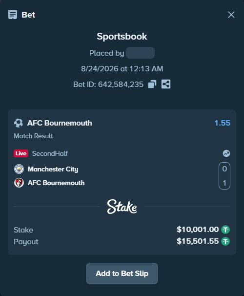 Bet slip: Manchester City - AFC Bournemouth, $10,000.00 stake at 1.55 odds, placed by nexxalink