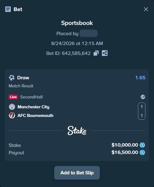 Bet slip: Manchester City - AFC Bournemouth, $10,000.00 stake at 1.65 odds, placed by Duretil05
