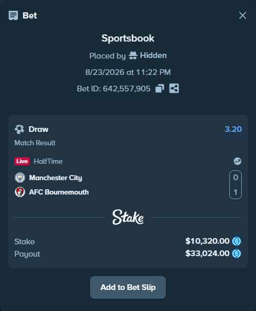 Bet slip: Manchester City - AFC Bournemouth, $10,320.00 stake at 3.20 odds, placed by Hidden