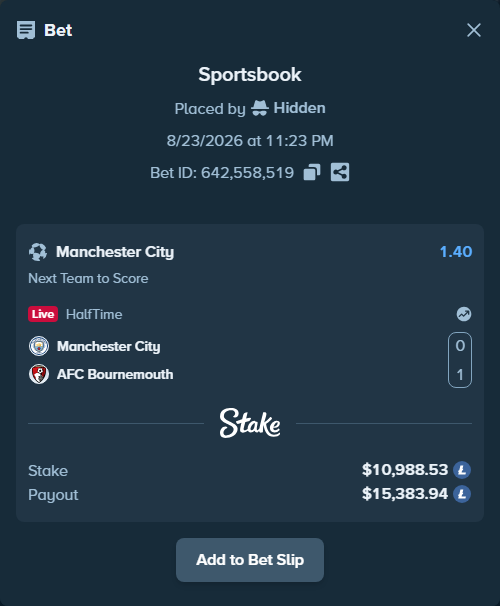 Bet slip: Manchester City - AFC Bournemouth, $10,848.92 stake at 1.40 odds, placed by Hidden