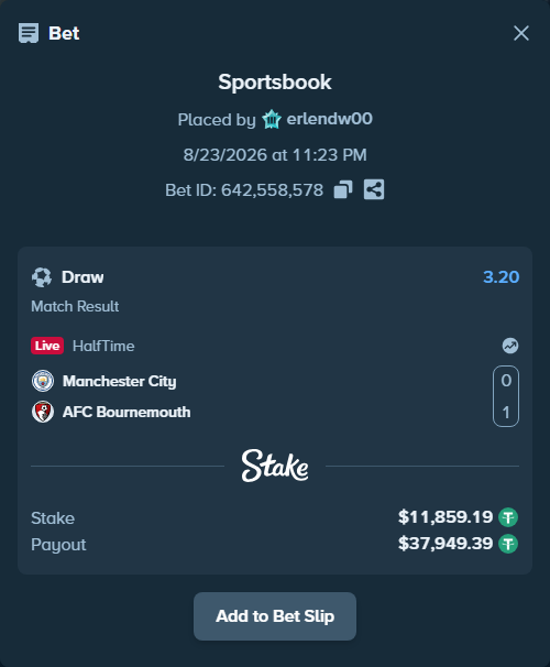 Bet slip: Manchester City - AFC Bournemouth, $11,856.81 stake at 3.20 odds, placed by erlendw00