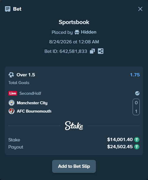Bet slip: Manchester City - AFC Bournemouth, $14,000.00 stake at 1.75 odds, placed by Hidden