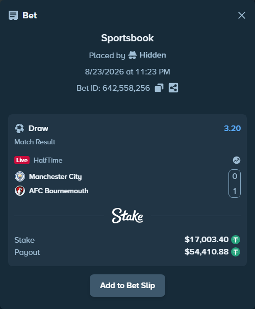 Bet slip: Manchester City - AFC Bournemouth, $17,000.00 stake at 3.20 odds, placed by Hidden