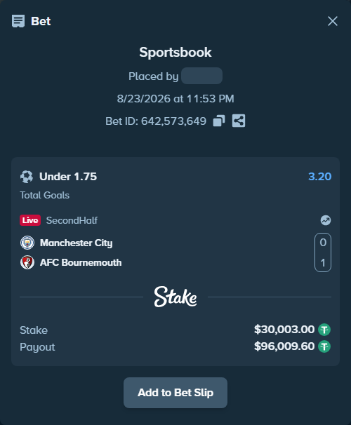 Bet slip: Manchester City - AFC Bournemouth, $30,000.00 stake at 3.20 odds, placed by ayoflasher
