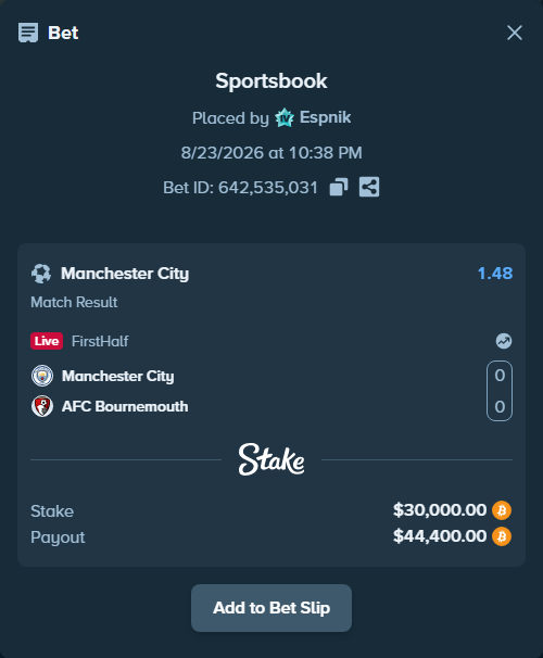 Bet slip: Manchester City - AFC Bournemouth, $30,041.02 stake at 1.48 odds, placed by Espnik