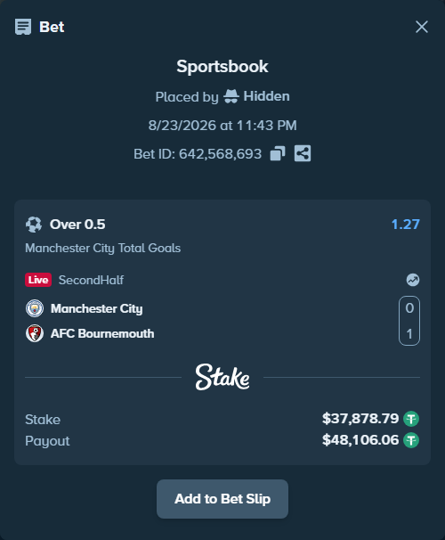 Bet slip: Manchester City - AFC Bournemouth, $37,875.00 stake at 1.27 odds, placed by Hidden