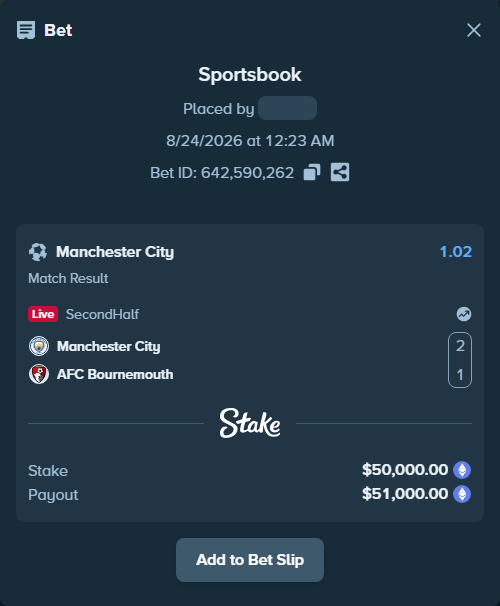 Bet slip: Manchester City - AFC Bournemouth, $50,345.71 stake at 1.02 odds, placed by bit2easy1