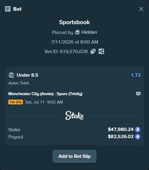 Bet slip: Manchester City (Annie) - Spurs (Trinity), $50,898.80 stake at 1.72 odds, placed by Hidden