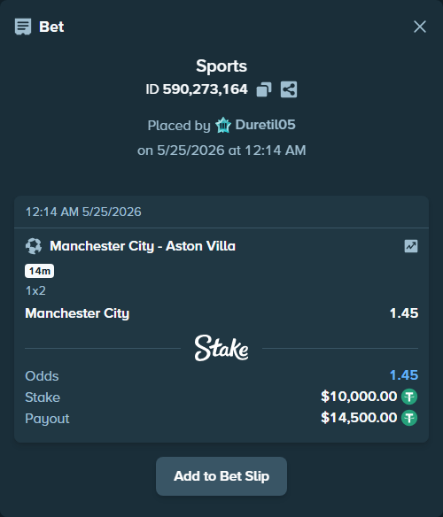 Bet slip: Manchester City - Aston Villaocc, $10,000.00 stake at 1.45 odds, placed by Duretil05