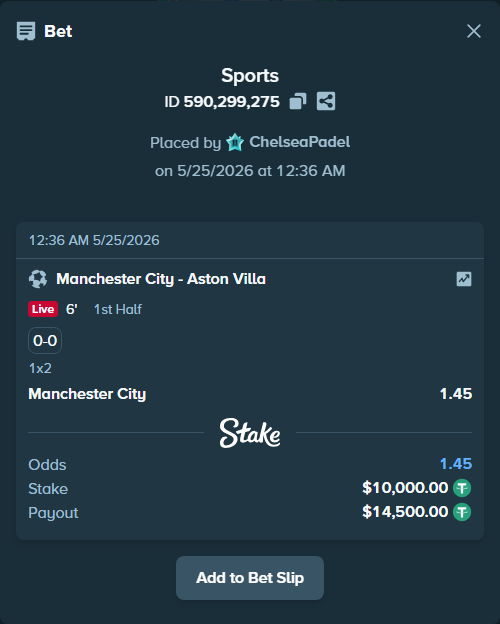 Bet slip: Manchester City - Aston Villaocc, $10,000.00 stake at 1.45 odds, placed by ChelseaPadel