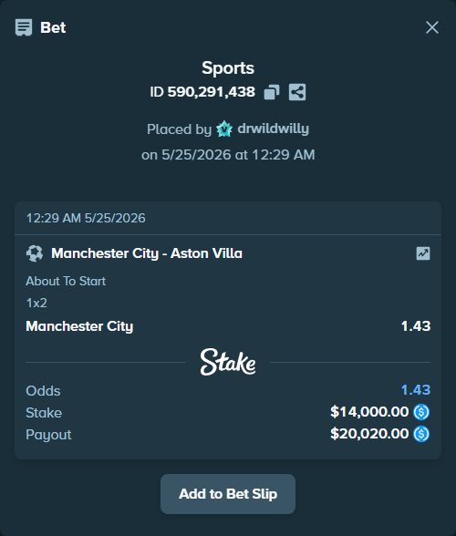 Bet slip: Manchester City - Aston Villaocc, $14,000.00 stake at 1.43 odds, placed by drwildwilly