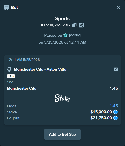 Bet slip: Manchester City - Aston Villaocc, $15,000.00 stake at 1.45 odds, placed by joarug