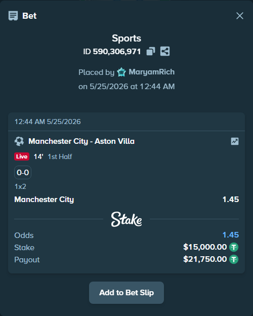 Bet slip: Manchester City - Aston Villaocc, $15,000.00 stake at 1.45 odds, placed by MaryamRich