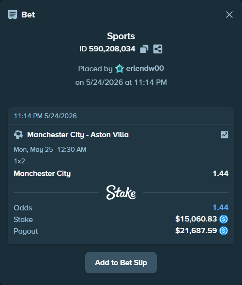 Bet slip: Manchester City - Aston Villaocc, $15,060.83 stake at 1.44 odds, placed by erlendw00