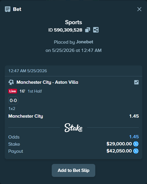 Bet slip: Manchester City - Aston Villaocc, $29,000.00 stake at 1.45 odds, placed by Jonebet