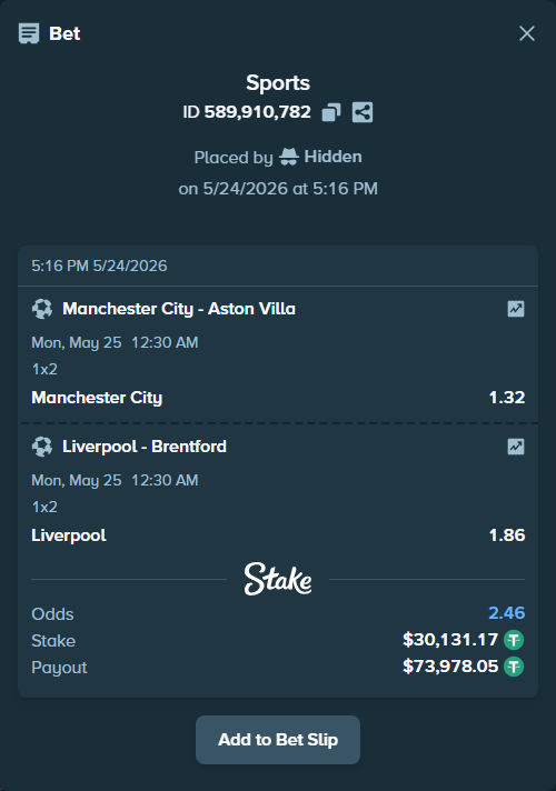 Bet slip: Manchester City - Aston Villaocc, $30,161.30 stake at 1.32 odds, placed by Hidden