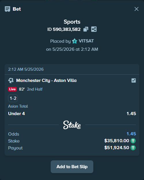 Bet slip: Manchester City - Aston Villaocc, $35,810.00 stake at 1.45 odds, placed by VITSAT