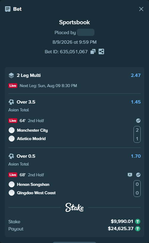 Bet slip: Manchester City - Atletico Madrid, $10,000.00 stake at 1.45 odds, placed by tlwns4736