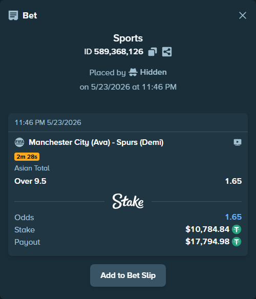 Bet slip: Manchester City (Ava) - Spurs (Demi), $10,795.62 stake at 1.65 odds, placed by Hidden