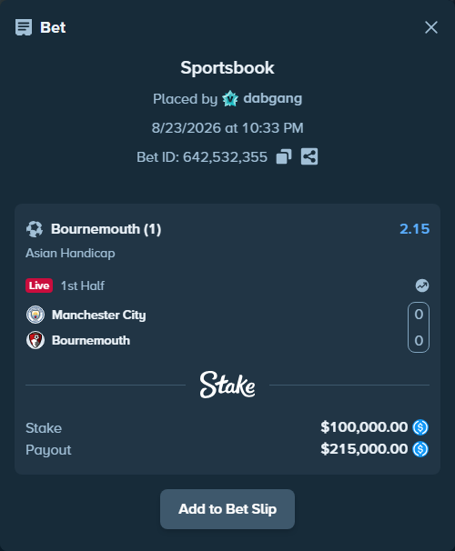Bet slip: Manchester City - Bournemouth, $100,000.00 stake at 2.15 odds, placed by dabgang