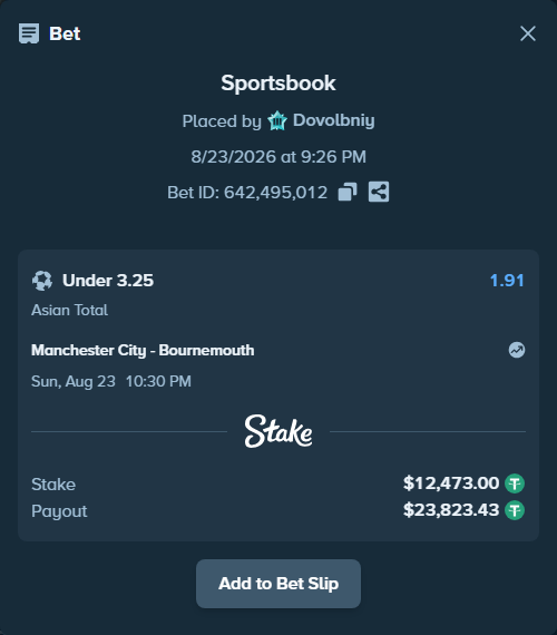 Bet slip: Manchester City - Bournemouth, $12,473.00 stake at 1.91 odds, placed by Dovolbniy
