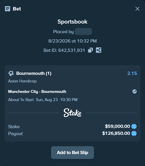 Bet slip: Manchester City - Bournemouth, $59,000.00 stake at 2.15 odds, placed by dabgang