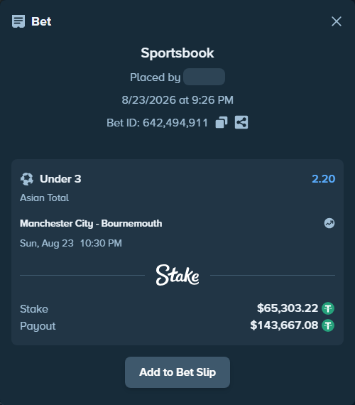 Bet slip: Manchester City - Bournemouth, $65,303.22 stake at 2.20 odds, placed by Dovolbniy