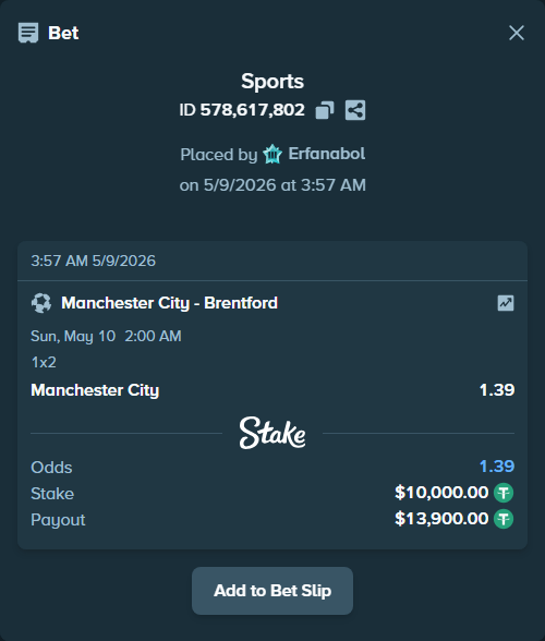 Bet slip: Manchester City - Brentford, $10,000.00 stake at 1.39 odds, placed by Erfanabol