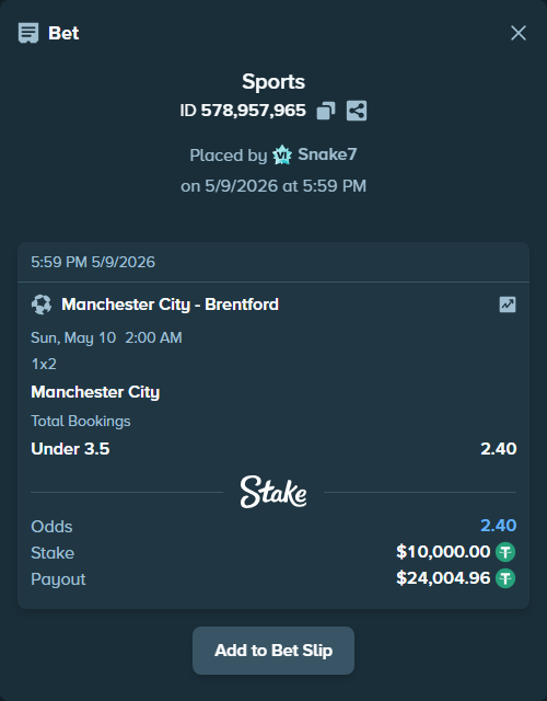 Bet slip: Manchester City - Brentford, $10,000.00 stake at 1.38 odds, placed by Snake7