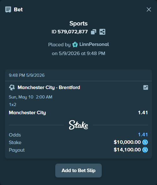 Bet slip: Manchester City - Brentford, $10,000.00 stake at 1.41 odds, placed by LinnPersonal