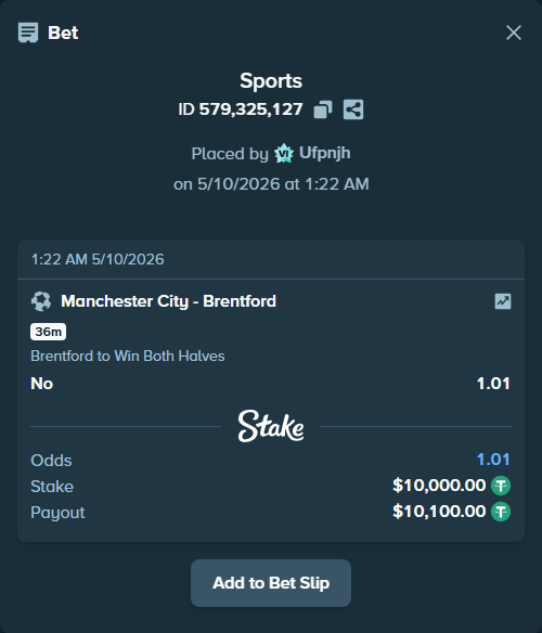 Bet slip: Manchester City - Brentford, $10,000.00 stake at 1.01 odds, placed by Ufpnjh