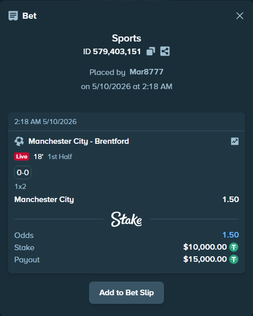 Bet slip: Manchester City - Brentford, $10,000.00 stake at 1.50 odds, placed by Mar8777