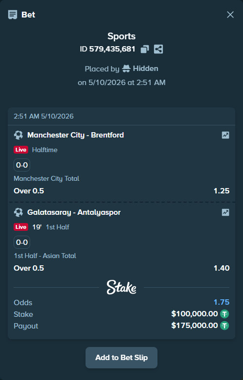 Bet slip: Manchester City - Brentford, $100,000.00 stake at 1.25 odds, placed by Hidden