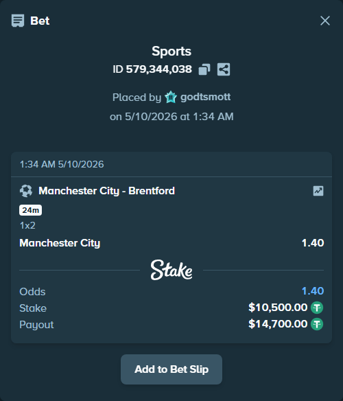 Bet slip: Manchester City - Brentford, $10,500.00 stake at 1.40 odds, placed by godtsmott