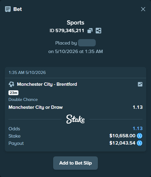 Bet slip: Manchester City - Brentford, $10,658.00 stake at 1.13 odds, placed by bjellesau17