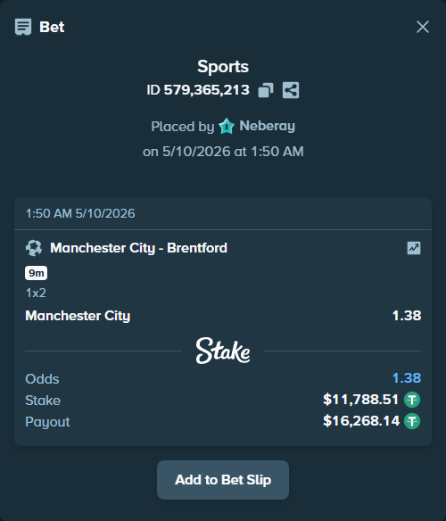 Bet slip: Manchester City - Brentford, $11,788.51 stake at 1.38 odds, placed by Neberay
