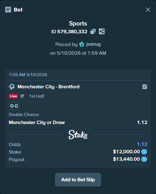 Bet slip: Manchester City - Brentford, $12,000.00 stake at 1.12 odds, placed by joarug